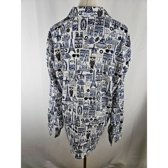 Karl Lagerfeld Shirt XL Parisian Cityscape Button-Front Long Roll Sleeve Blue - Picture 7 of 13